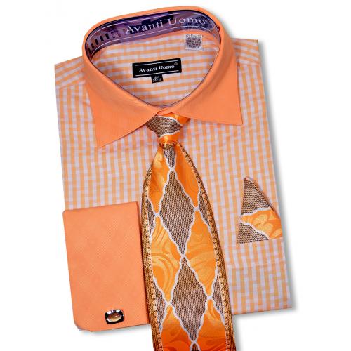 Avanti Uomo Peach / White Contrast Pattern Dress Shirt / Tie / Hanky / Cufflink Set DN76M