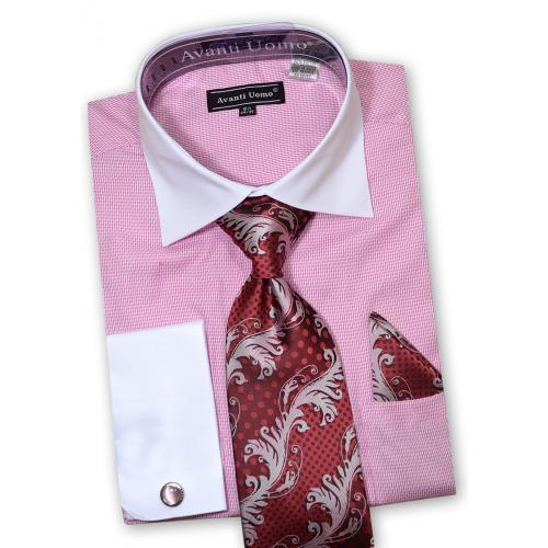Avanti Uomo Pink / White Woven Design Dress Shirt / Tie / Hanky / Cufflink Set DN74M