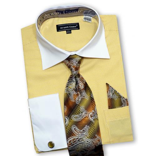 Avanti Uomo Mustard / White Woven Design Dress Shirt / Tie / Hanky / Cufflink Set DN74M
