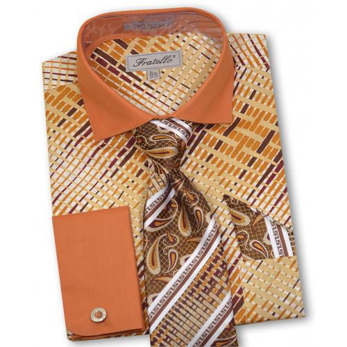 Fratello Cognac / Beige / Brown Abstract Design Dress Shirt / Tie / Hanky / Cufflink Set FRV4134P2
