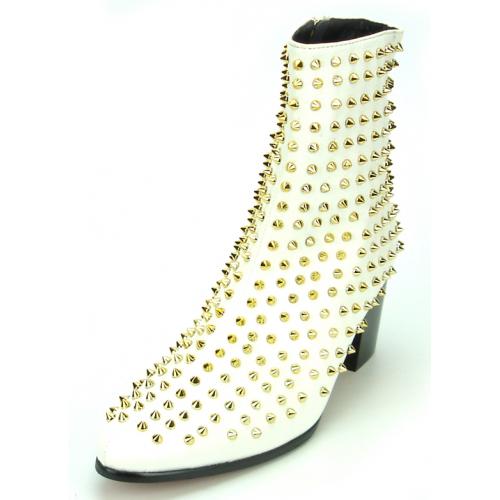 Fiesso White Genuine PU Leather Boots With Gold Metal Stud FI7142.