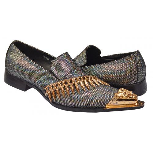 Fiesso Black / Metallic Silver Suede Slip-On Shoes With Gold Spiked Bracelet FI7092