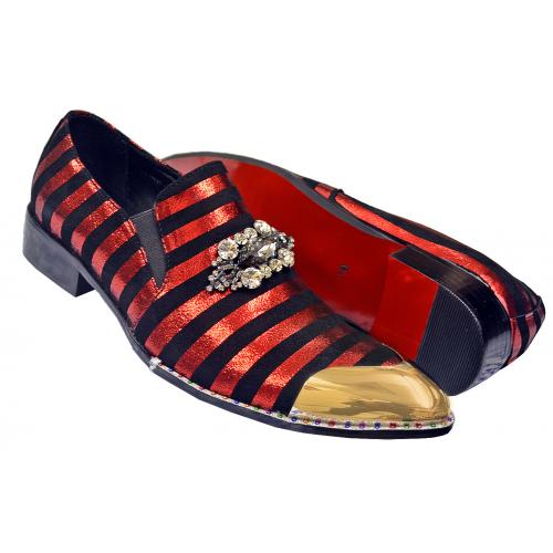 Fiesso Black / Red Suede Slip-On Shoes With Rhinestone Brooch / Silver Metal Toe FI7015