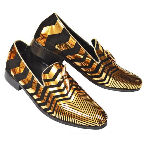 Fiesso Black / Metallic Gold Genuine Leather Slip On Shoes With Gold Metal Tassels FI6945