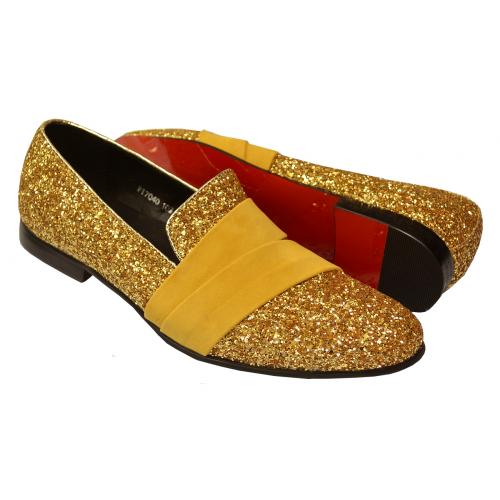 Fiesso Metallic Gold Glitter / Velvet PU Leather Slip-On Shoes FI7040