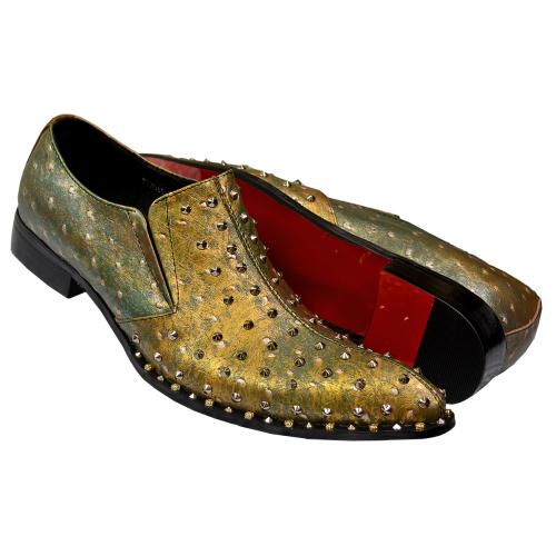 Fiesso Green / Metallic Gold Genuine Leather Metal Studded Slip On Shoes FI7011