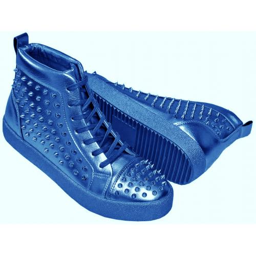 Encore By Fiesso Metallic Blue PU Leather High Top Sneakers With Spikes FI2275