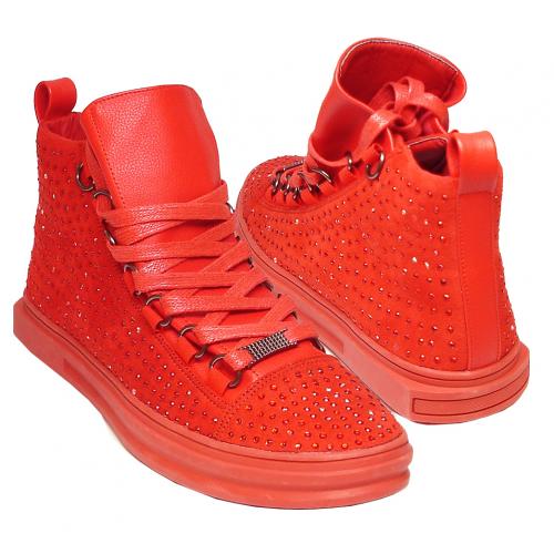 Encore By Fiesso Red Genuine PU Leather / Rhinestone Studded High Top Sneakers FI2257