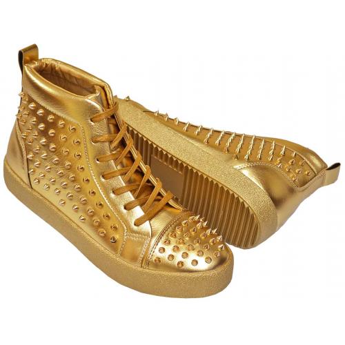 Encore By Fiesso Metallic Gold PU Leather High Top Sneakers With Gold Spikes FI2275.