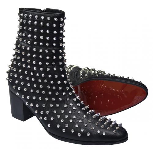 Fiesso Black / Silver Metal Studded PU Leather Slip-On Boots With Cuban Heel FI7142