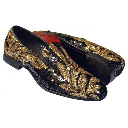Antonio Cerrelli Black / Gold Floral Design Sequined Slip-On Shoes 6733