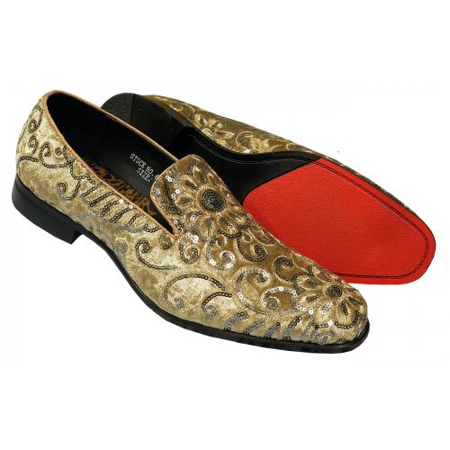 Antonio Cerrelli Tan / Gold / Silver Floral Sequined Velvet Slip-On Shoes 6734