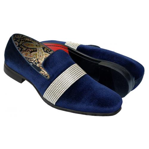 Antonio Cerrelli Navy / Silver Velvet Slip-On Loafer Shoes With Rhinestone Bracelet 6715
