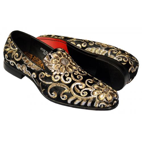 Antonio Cerrelli Black / Gold / Silver Floral Sequined Velvet Slip-On Shoes 6734