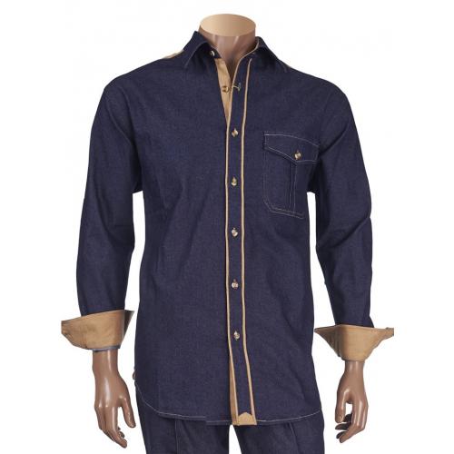 Inserch Navy Blue / Tan Denim Outfit With Microsuede Trimming / Elbow Patches 1262