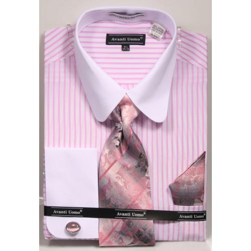 Avanti Uomo White / Pink Vertical Striped Dress Shirt / Tie / Hanky / Cufflink Set DN80