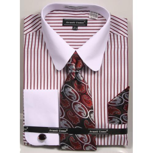 Avanti Uomo White / Burgundy Vertical Striped Dress Shirt / Tie / Hanky ...