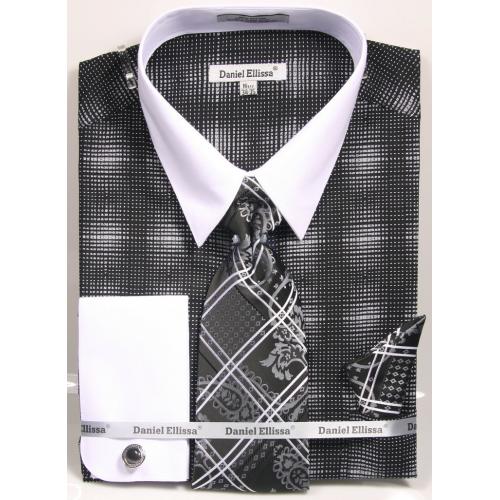 Daniel Ellissa Black / White Woven Design Dress Shirt / Tie / Hanky / Cufflink Set DS3796P2