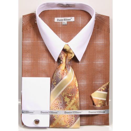 Daniel Ellissa Brown / White Woven Design Dress Shirt / Tie / Hanky / Cufflink Set DS3796P2