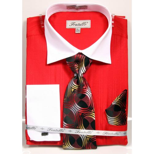Fratello Red / White Self Stripe Dress Shirt / Tie / Hanky / Cufflink Set FRV4140P2
