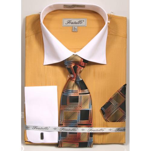 Fratello Honey Gold / White Self Stripe Dress Shirt / Tie / Hanky / Cufflink Set FRV4140P2