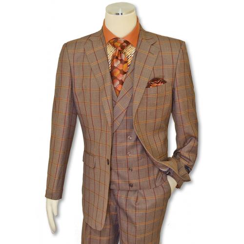 Statement "Assini" Light Brown / Cognac / Wine Windowpane Super 150's Wool Vested Classic Fit Suit
