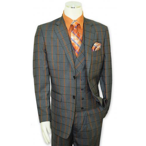 Statement "Assini" Grey Multi / Rust Windowpane Super 150's Wool Vested Classic Fit Suit