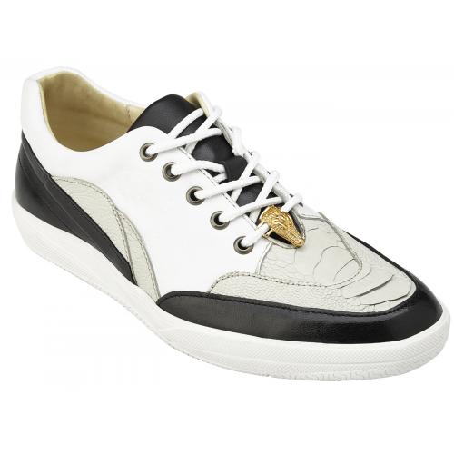 Belvedere "Irvin" Pearl / White / Black Genuine Ostrich And Soft Calf Casual Sneakers 6002.