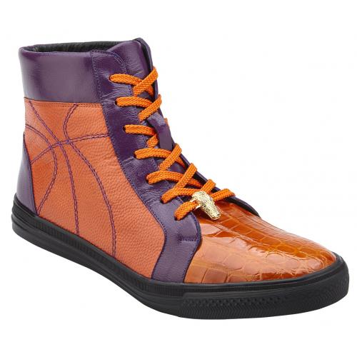 Belvedere "Magic II" Orange / Purple Genuine Crocodile / Soft Calf High Top Sneakers 33700.
