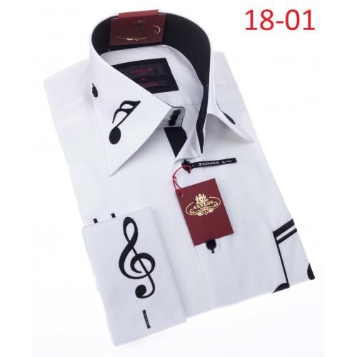 Axxess White With Black Music Embroidery 100% Cotton Modern Fit Dress Shirt 18-01.