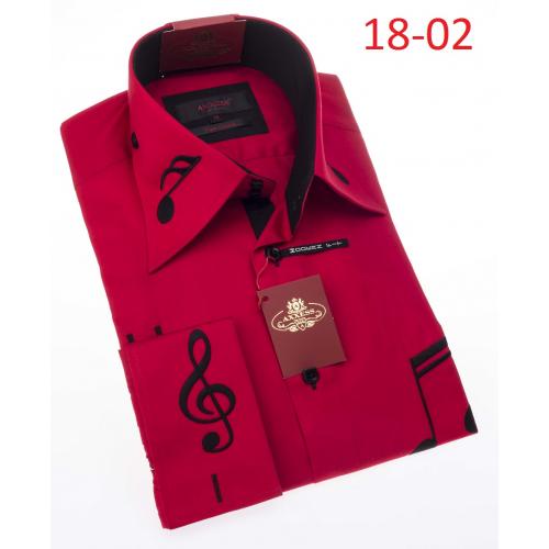 Axxess Red With Black Music Embroidery 100% Cotton Modern Fit Dress Shirt 18-02.