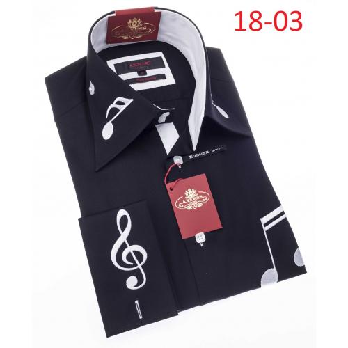 Axxess Black With White Music Embroidery 100% Cotton Modern Fit Dress Shirt 18-03.