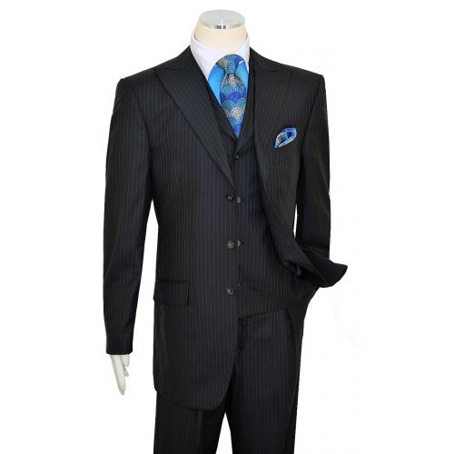 Luciano Carreli Midnight Blue / Royal Blue Pinstripe Super 150's Wool Wide Leg Vested Suit 6289-0086