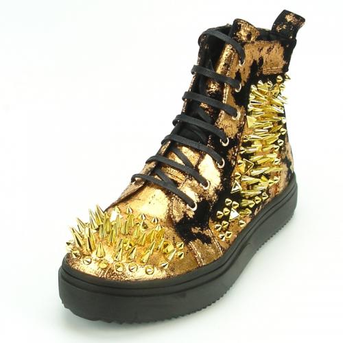 Fiesso Metallic Gold / Black Microsuede High Top Sneakers With Gold Spikes FI7189.