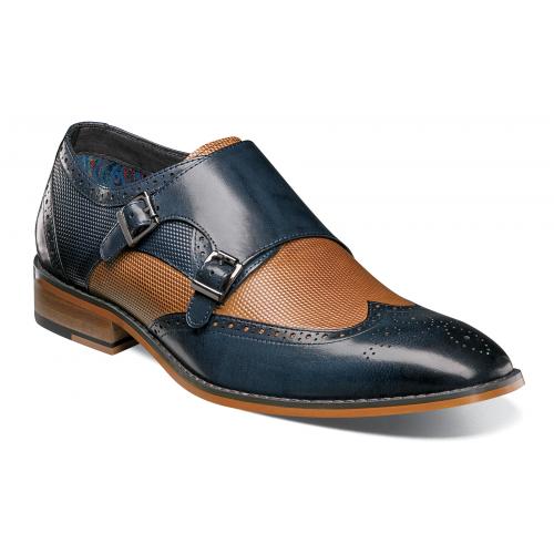 Stacy Adams "Lavine" Navy / Cognac Leather Double Monk Strap Wingtip Shoes 25171-492