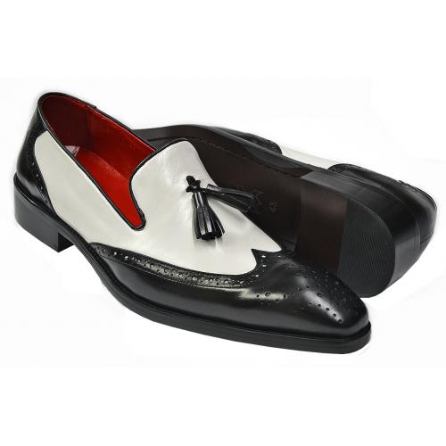 Fiesso Black / White Genuine Leather Wingtip Slip On Shoes With Tassels FI8705