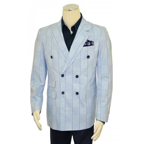 Cigar Couture Lightss Blue / Navy / Royal Blue Windowpane Double Breasted Cotton Blazer LJ-820