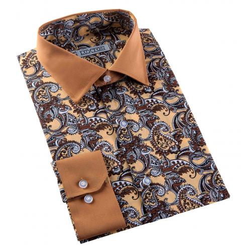 Luxton Camel / Butterscotch / Brown Paisley Design Cotton Blend Dress Shirt P004