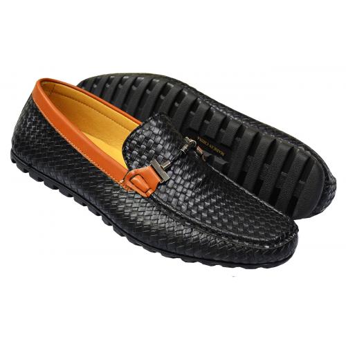 Tayno "Matteo" Black / Cognac Woven Vegan Leather Bit Strap Loafer Shoes