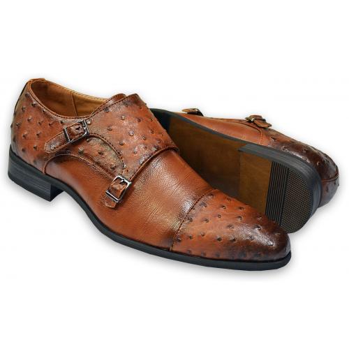 Tayno "Roma" Cognac Burnished Ostrich Print Vegan Leather Double Monk Strap Loafers
