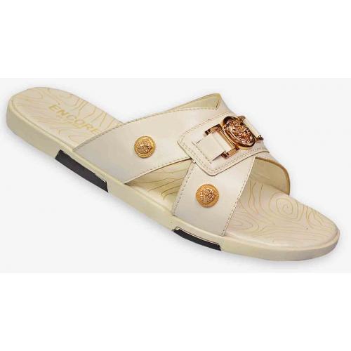Fiesso White / Gold PU Leather Open Toe Slide-In Sandals FI2320