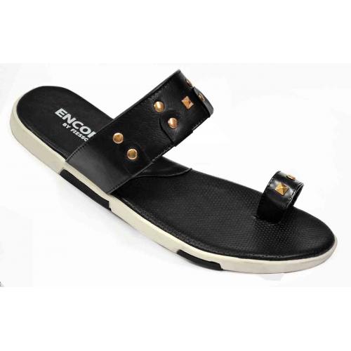 Fiesso Black / Gold Studded PU Leather Open Toe Slide-In Sandals FI2319