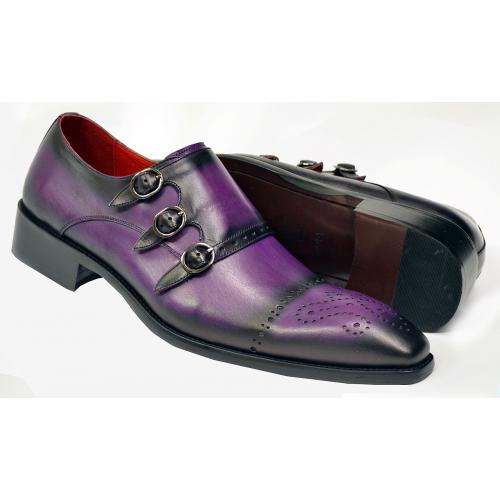 Fiesso Purple Burnished Calfskin Leather Triple Monk Strap Medallion Toe Shoes FI8703