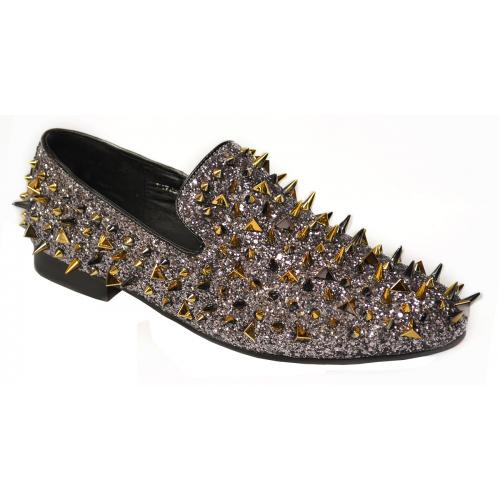 Fiesso Metallic Silver / Gold Sequined Leather Loafers With Spikes FI7239