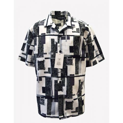 Stacy Adams White / Black / Grey Abstract Design Short Sleeve Linen Shirt 4582