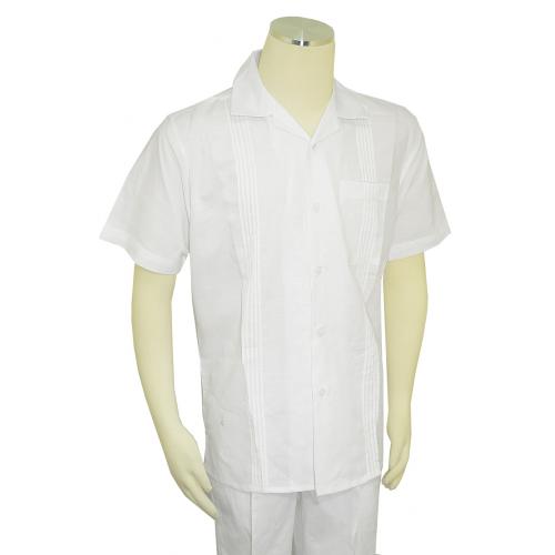Successos White Woven / Pleated Design Linen / Cotton Short Sleeve Outfit SP3351