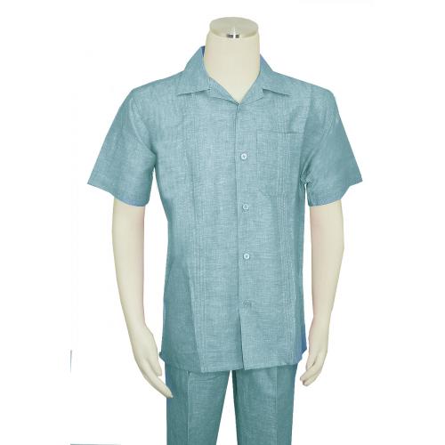 Successos Light Blue Woven / Pleated Design Linen / Cotton Short Sleeve Outfit SP3351