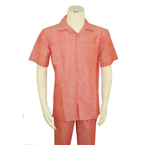 Successos Coral Red Woven / Pleated Design Linen / Cotton Short Sleeve Outfit SP3351