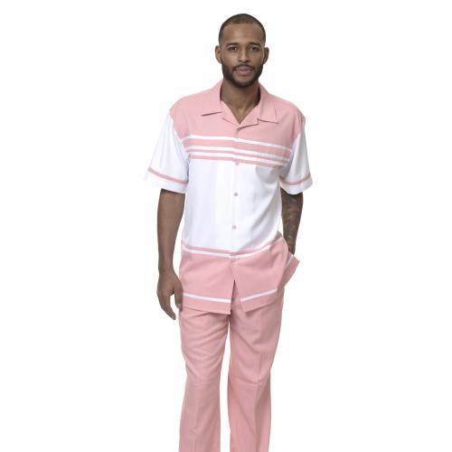 Montique Rose Pink / White Sectional Design Short Sleeve Outfit 1878