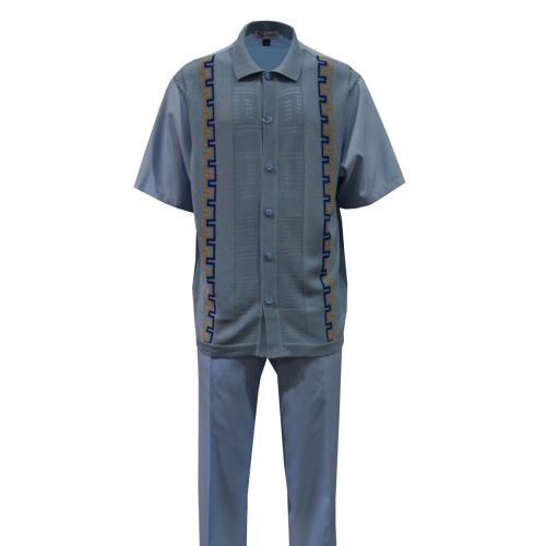 Silversilk Powder Blue / Camel / Blue Greek Key Design Short Sleeve Knitted Outfit 4130
